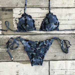 Ruffled Bikini Set - Navy Blue Camo Print