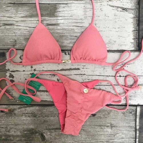 Triangle Tie Bikini Set - Ribbed - Toasted Pink