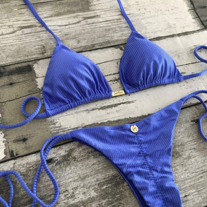 Triangle Tie Bikini Set - Ribbed - Vivid Blue