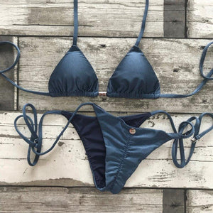 Triangle Tie Bikini Set - Shiny Navy